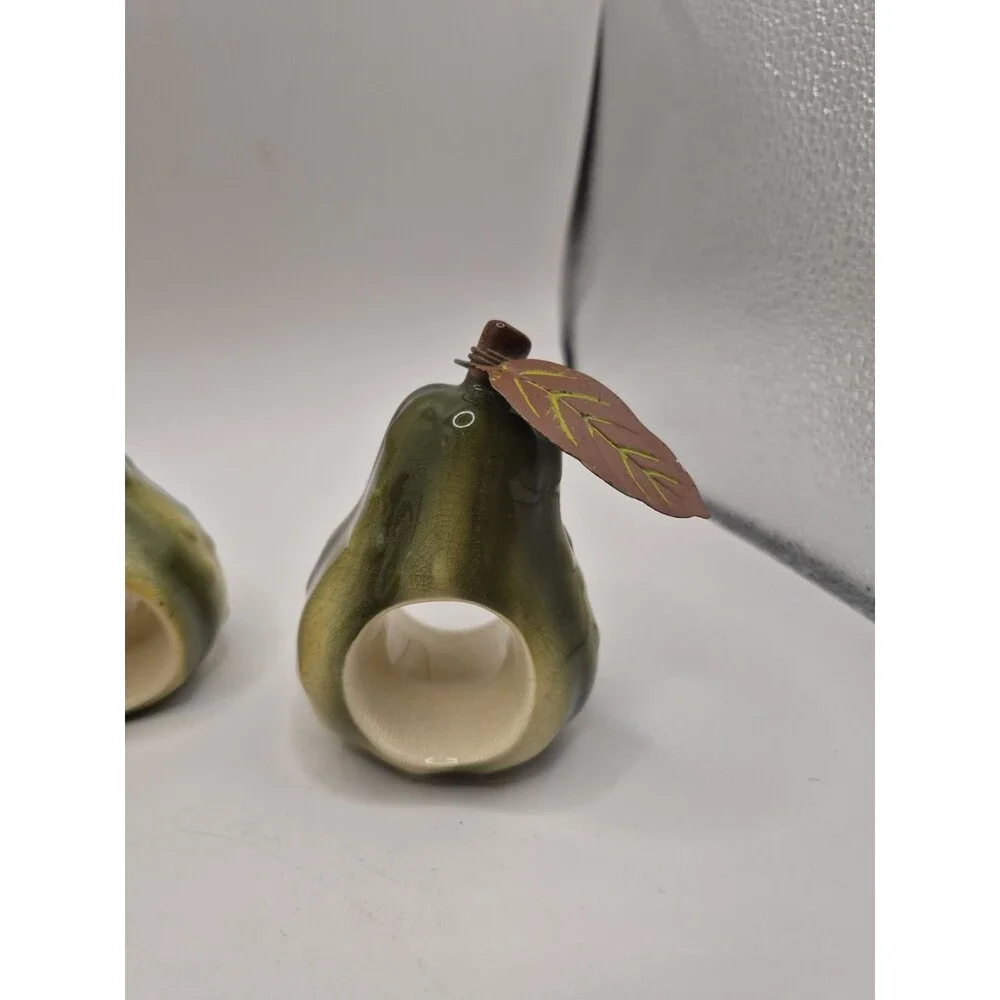 Set Of 4 Vtg Russ Pear Shaped Napkin Rings Holders Hand-painted Ceramic Fruit